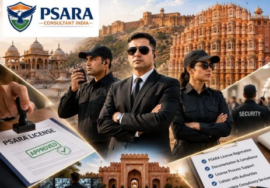 PSARA license registration with professional security guards and Jaipur landmarks.