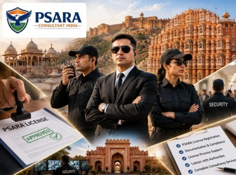 PSARA license registration with professional security guards and Jaipur landmarks.