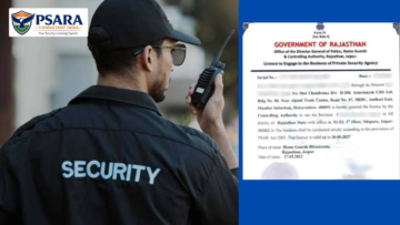 PSARA consultant assisting with Jaipur security agency license documentation in a professional office.