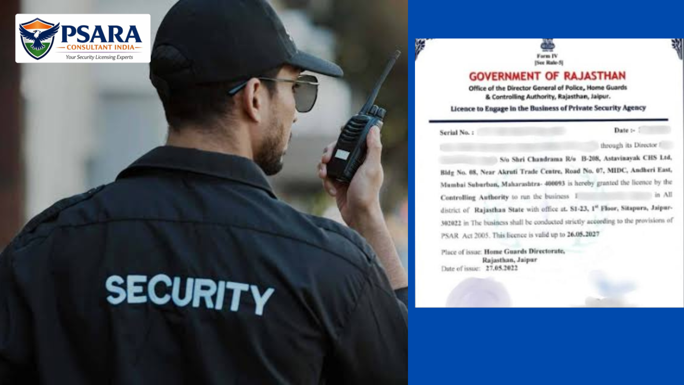 PSARA consultant assisting with Jaipur security agency license documentation in a professional office.